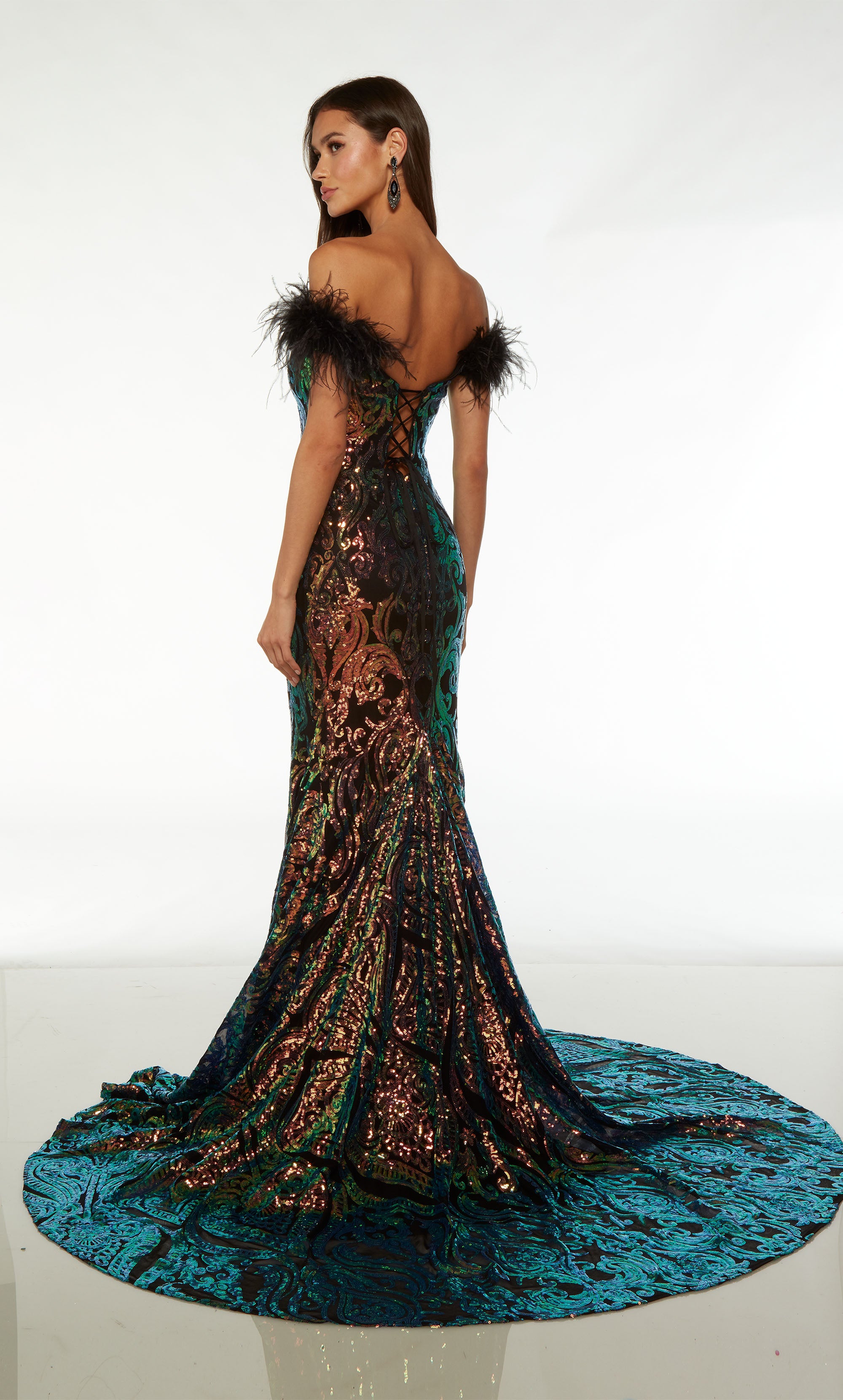Iridescent Sequin Lace-Up-Back Long Prom Dress