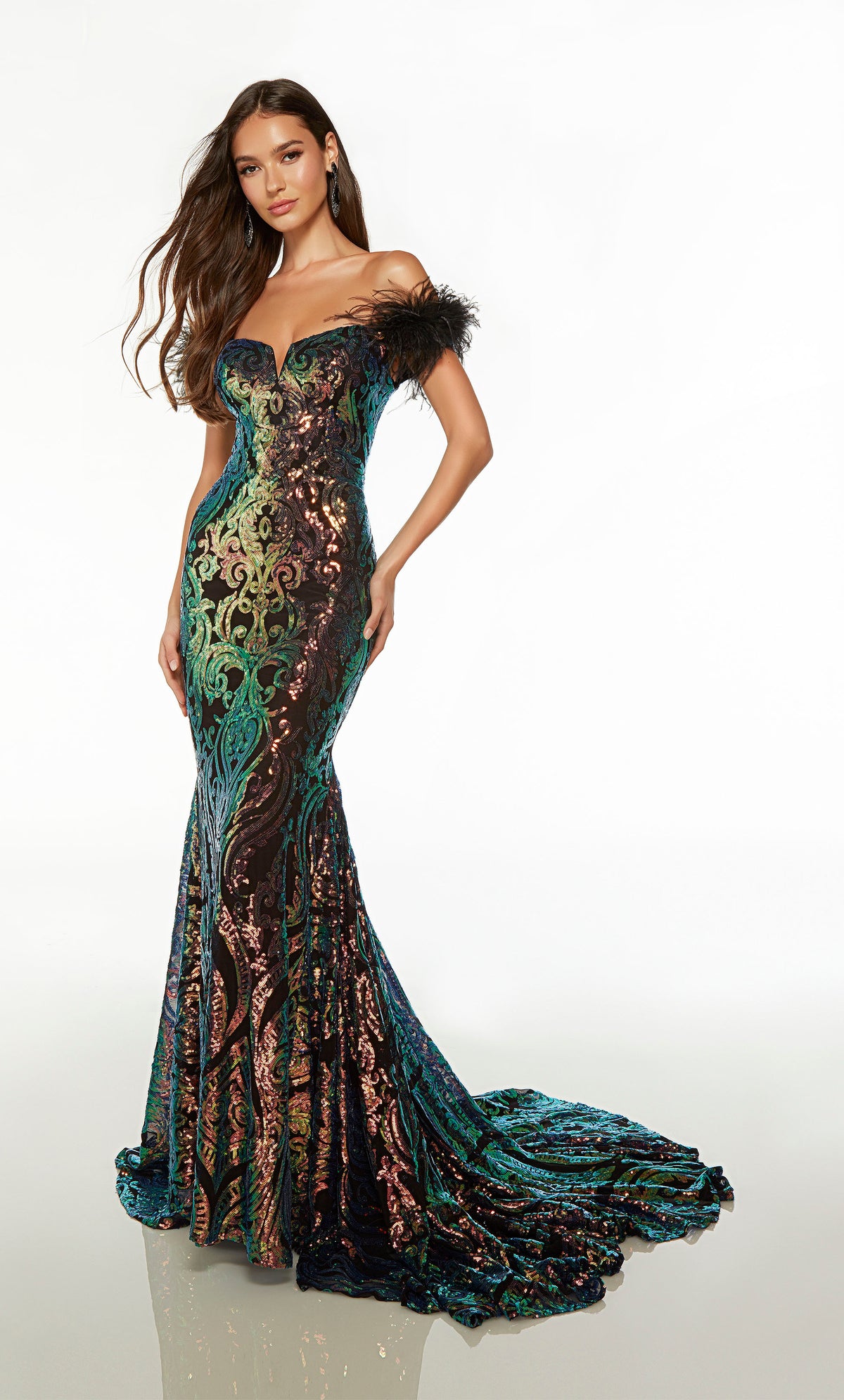 Elegant black mermaid gown: off-shoulder, feather sleeves, fitted bodice, lace-up back, long train, paisley-patterned iridescent sequins.
