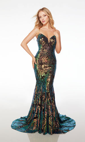 Elegant black mermaid gown: Strapless neckline, fitted bodice, lace-up back, long train, paisley-patterned iridescent sequins.