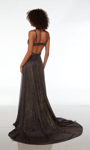 Flowy glitter tulle A-line formal dress with an V neckline, dual spaghetti straps, side cutouts, slit, open back, and elegant train in midnight blue.