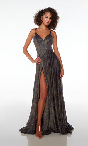 Flowy glitter tulle A-line formal dress with an V neckline, dual spaghetti straps, side cutouts, slit, open back, and elegant train in midnight blue.