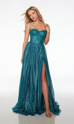 Caribbean blue A-line formal dress in glitter tulle: sweetheart neckline, corset top, side slit, lace-up back, and train for an stylish and elegant look.