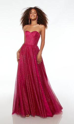 Raspberry pink A-line formal dress in glitter tulle: sweetheart neckline, corset top, side slit, lace-up back, and train for an stylish and elegant look.