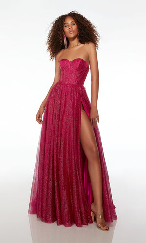 Raspberry pink A-line formal dress in glitter tulle: sweetheart neckline, corset top, side slit, lace-up back, and train for an stylish and elegant look.