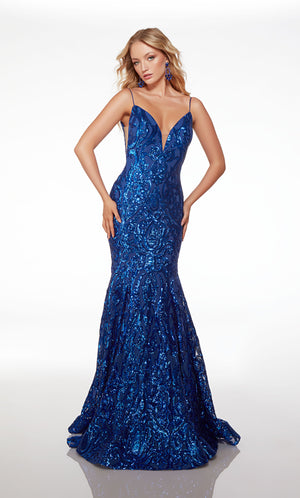 Elegant royal blue sparkly mermaid prom dress: plunging neckline, illusion cutouts, V-shaped open back—an dazzling and sophisticated ensemble.