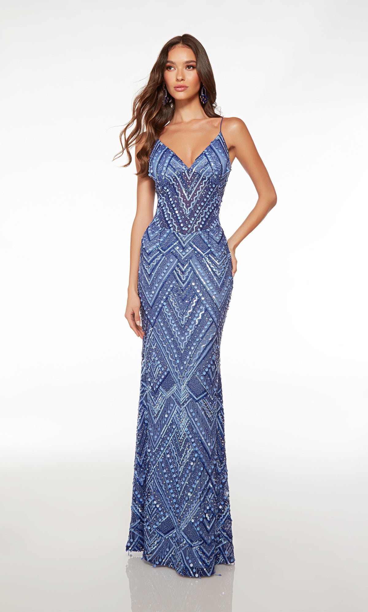 Stunning blue prom dress with intricate hand-beaded design, V neckline, and V-shaped open back for an captivating and stylish look.