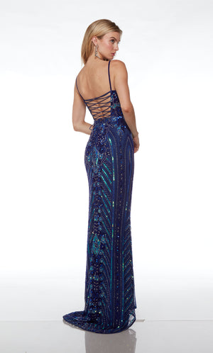 Royal blue-silver hand-beaded gown: intricate design, plunging neckline, spaghetti straps, lace-up back, slight train—an mesmerizing and chic creation.
