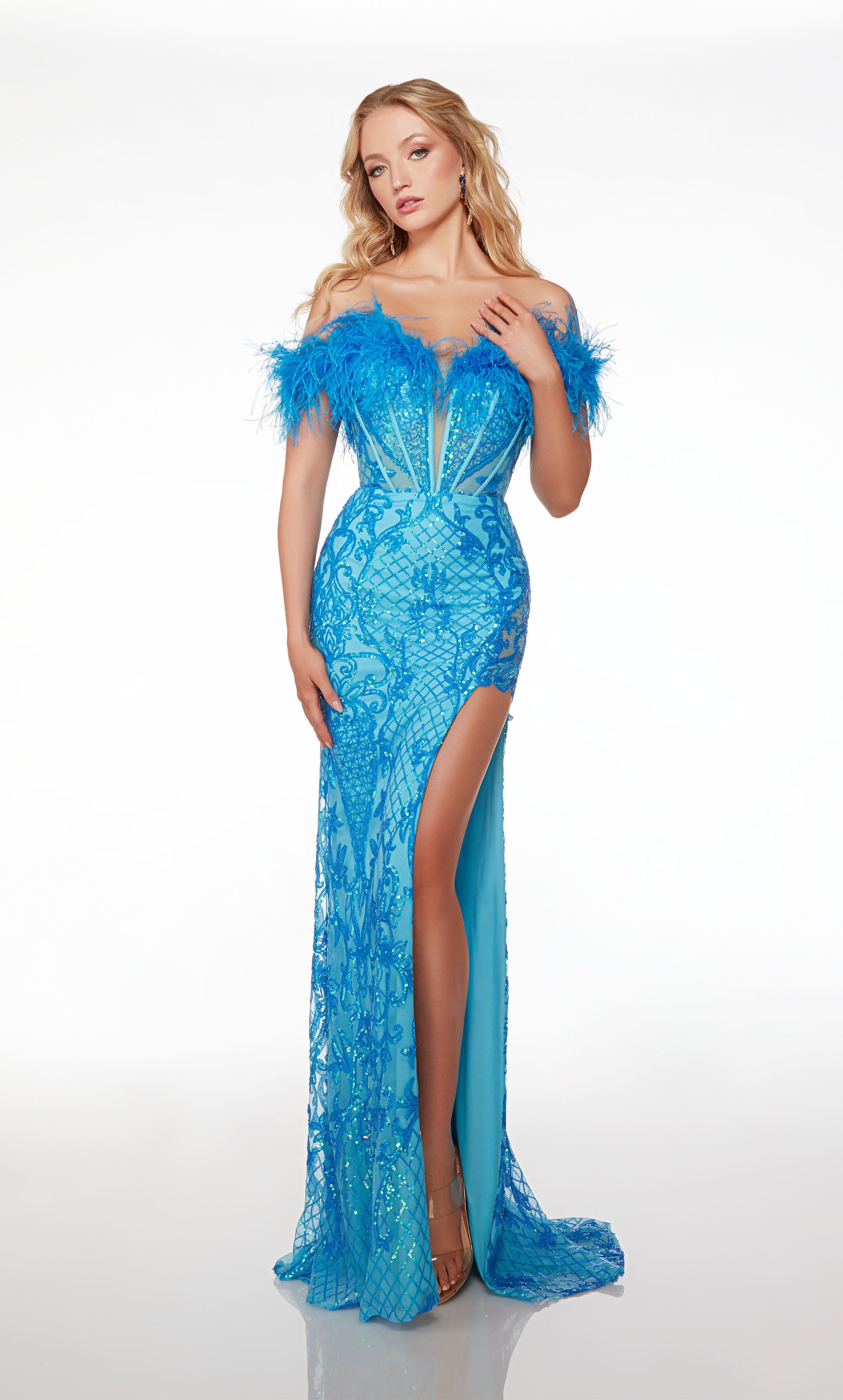 Unique prom dress: feather-trimmed off-shoulder neckline, corset bodice, intricate sequin detailing, high slit, zip-up back, and train in vivid ocean blue.
