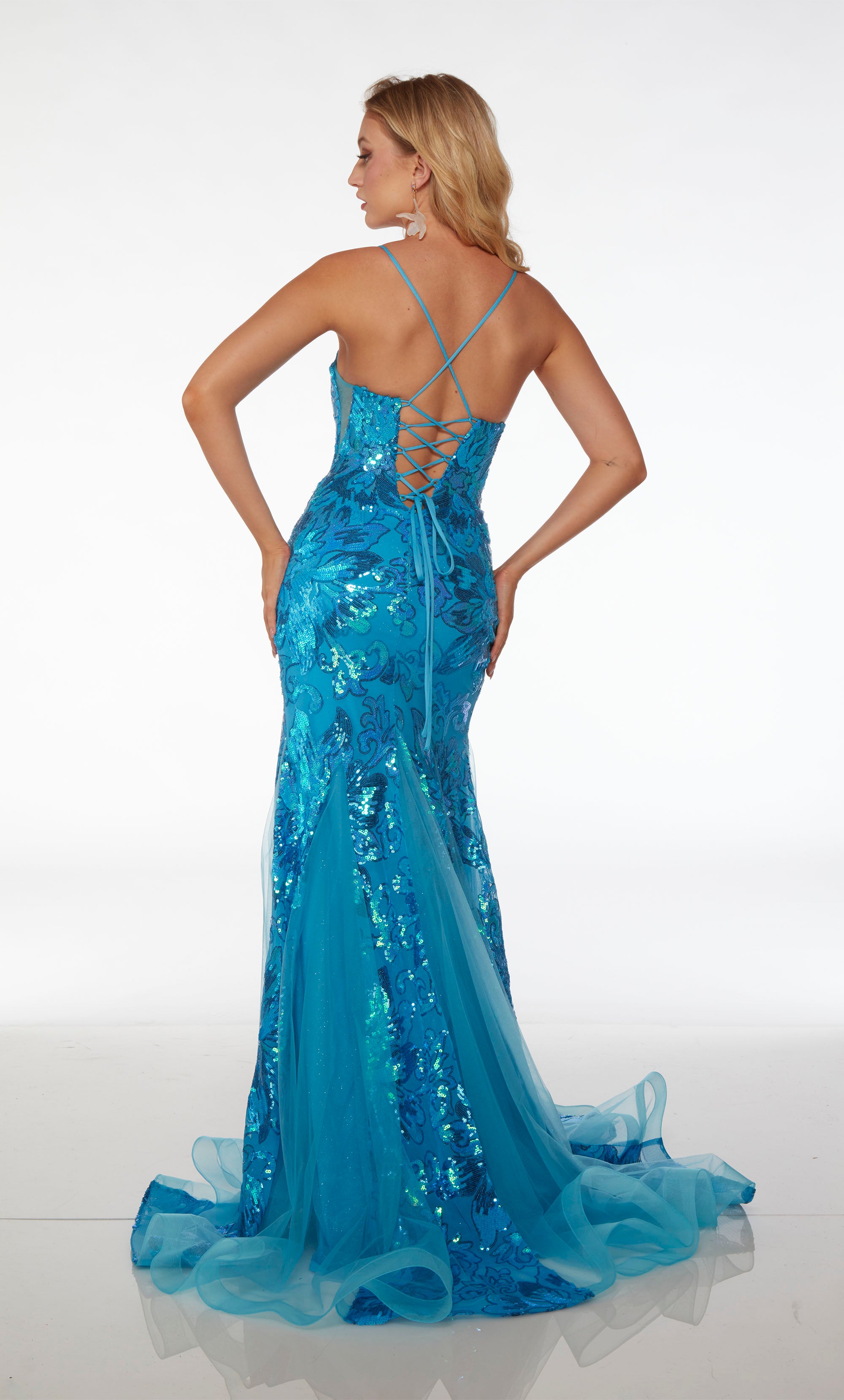 Vibrant blue mermaid dress: gorgeous sequin floral design, plunging neckline, spaghetti straps, high slit, crisscross lace-up back, train.
