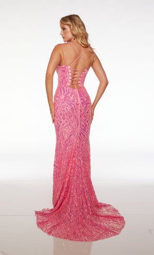 Pink prom dress: Stunning sequin design, plunging neckline, dual spaghetti straps, crisscross lace-up back, and train.