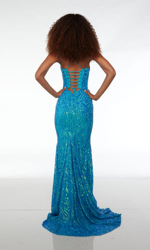Ocean blue prom dress: Stunning sequin design, plunging neckline, dual spaghetti straps, crisscross lace-up back, and train.