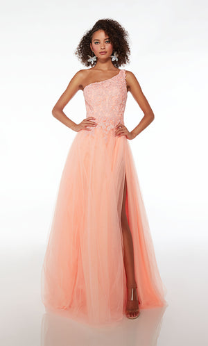 Neon coral colored one-shoulder prom dress: lace bodice, glitter tulle skirt, high slit, and lace-up back for the perfect fit and an stylish, elegant look.
