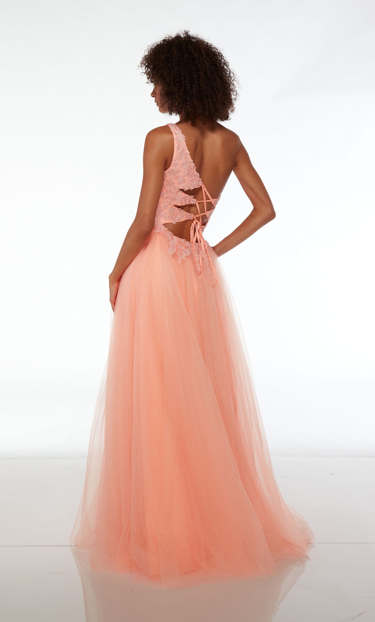 Neon coral colored one-shoulder prom dress: lace bodice, glitter tulle skirt, high slit, and lace-up back for the perfect fit and an stylish, elegant look.