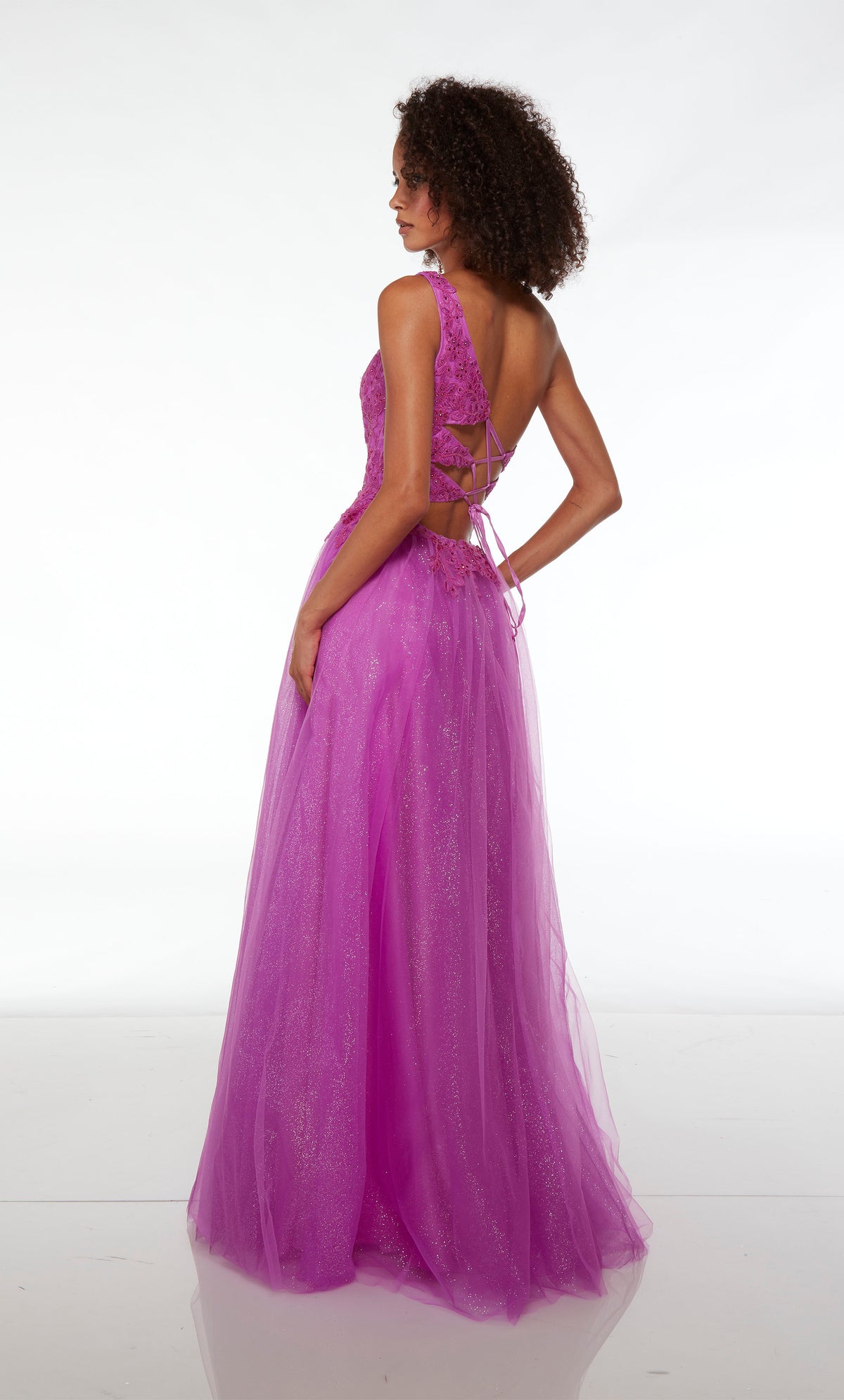 Neon purple colored one-shoulder prom dress: lace bodice, glitter tulle skirt, high slit, and lace-up back for the perfect fit and an stylish, elegant look.