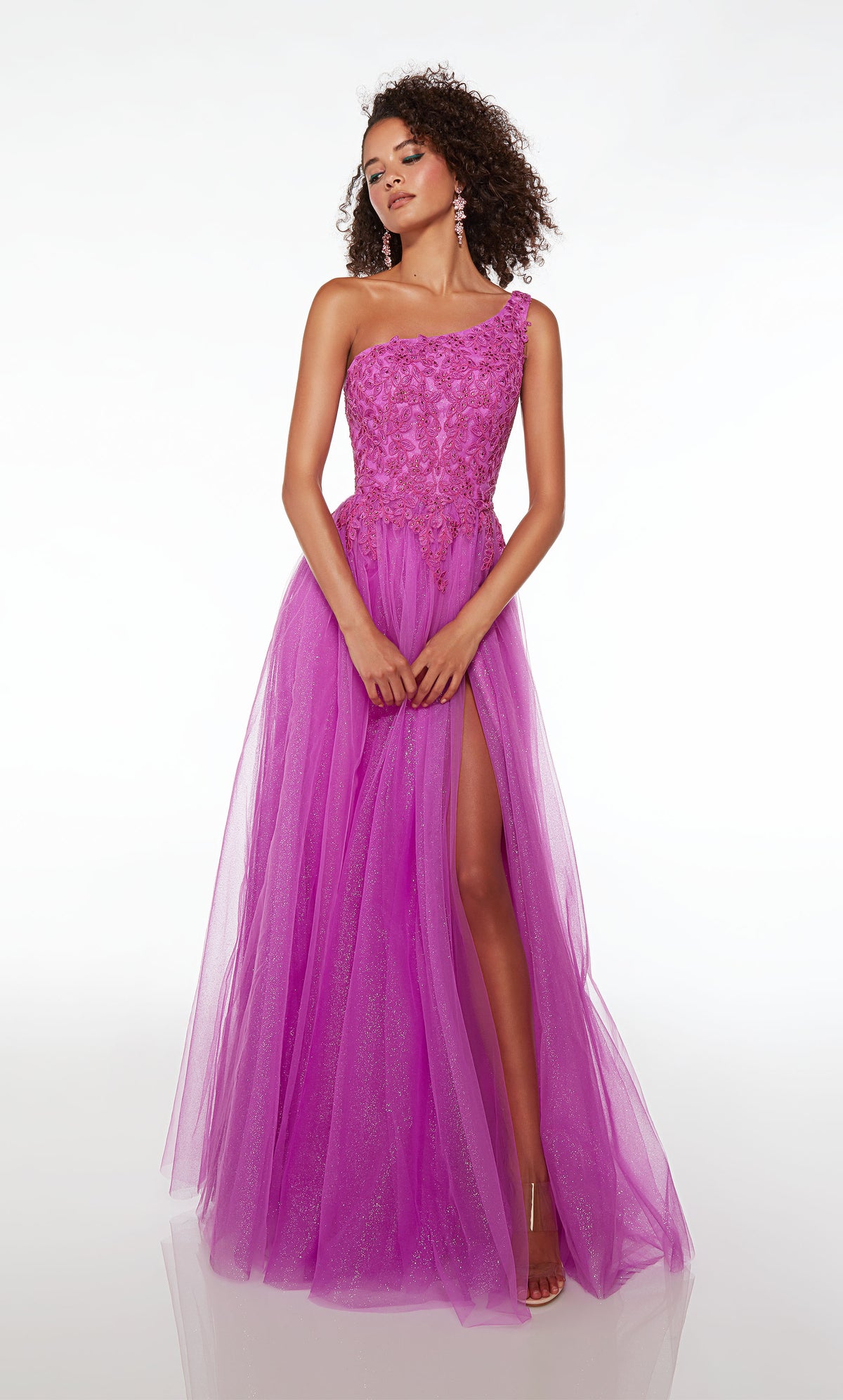 Neon purple colored one-shoulder prom dress: lace bodice, glitter tulle skirt, high slit, and lace-up back for the perfect fit and an stylish, elegant look.