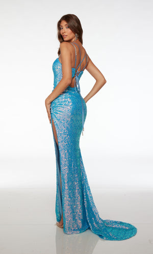 Blue iridescent sequin dress: square plunging neckline, dual adjustable straps, ruched side slit, crisscross lace-up back, and train for an stunning look.