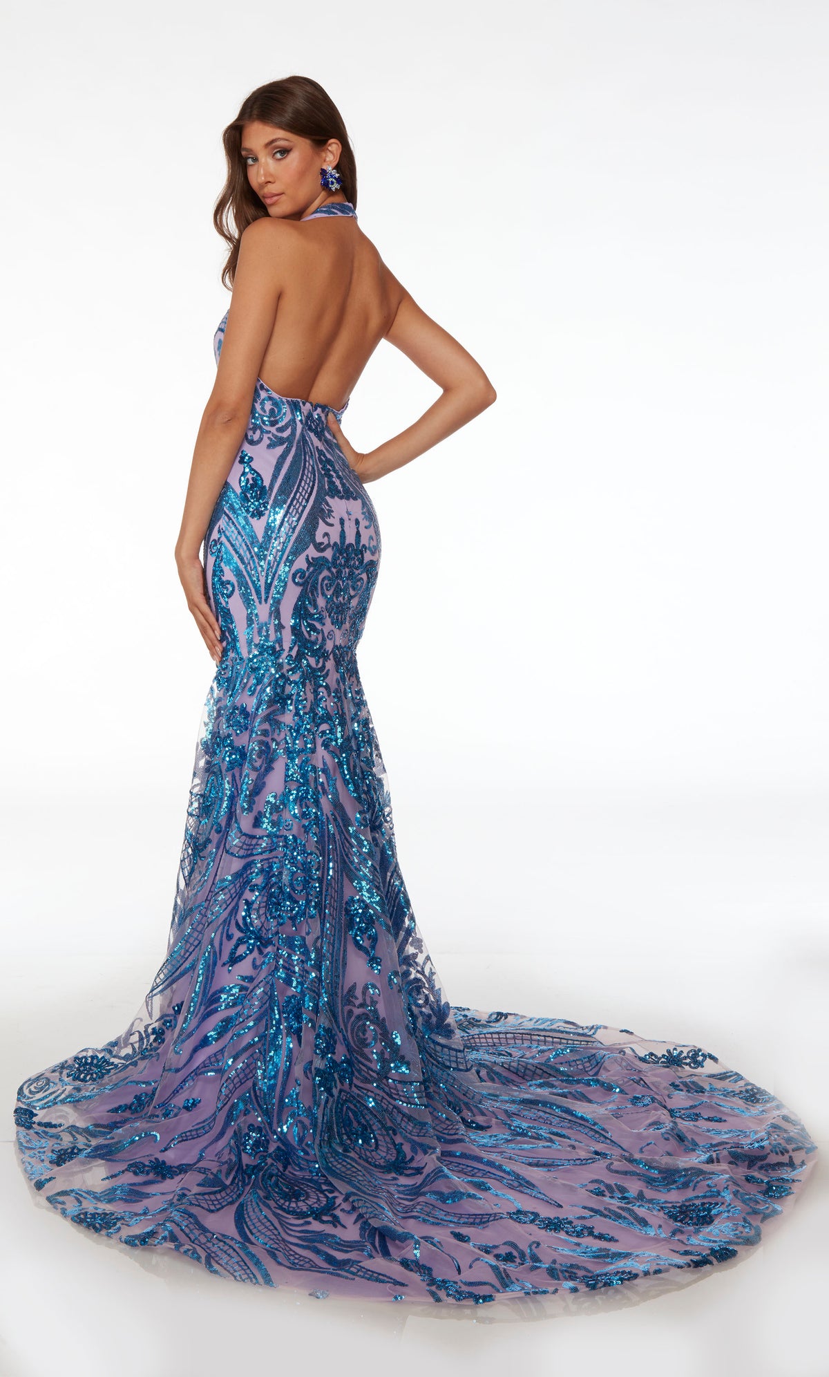 Purple mermaid dress with stunning blue sequin paisley detailing, plunging halter neckline, open back, and an long train for an elegant look.