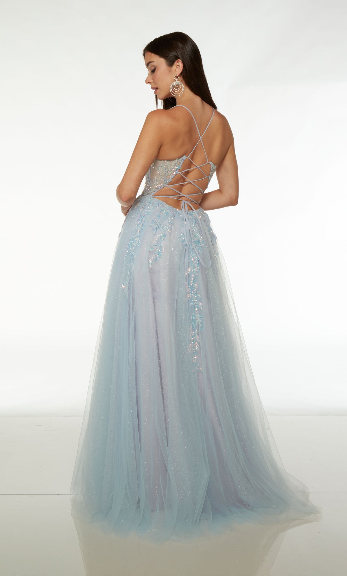 Magical light blue-purple ball gown: sheer corset bodice, spaghetti straps, lace-up back, train, sequined floral lace appliques—pure enchantment.