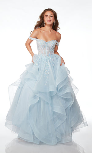 Charming light blue ball gown: off-the-shoulder sheer corset top, detachable straps, sequin-embellished glitter tulle, ruffled skirt, zip-up back—pure delight.