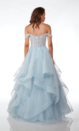 Charming light blue ball gown: off-the-shoulder sheer corset top, detachable straps, sequin-embellished glitter tulle, ruffled skirt, zip-up back—pure delight.