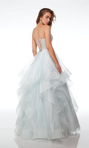 Dreamy silvery-blue glitter tulle ball gown: hotfix embellished corset bodice, ruffled skirt, lace-up back for the perfect custom fit and elegant allure.