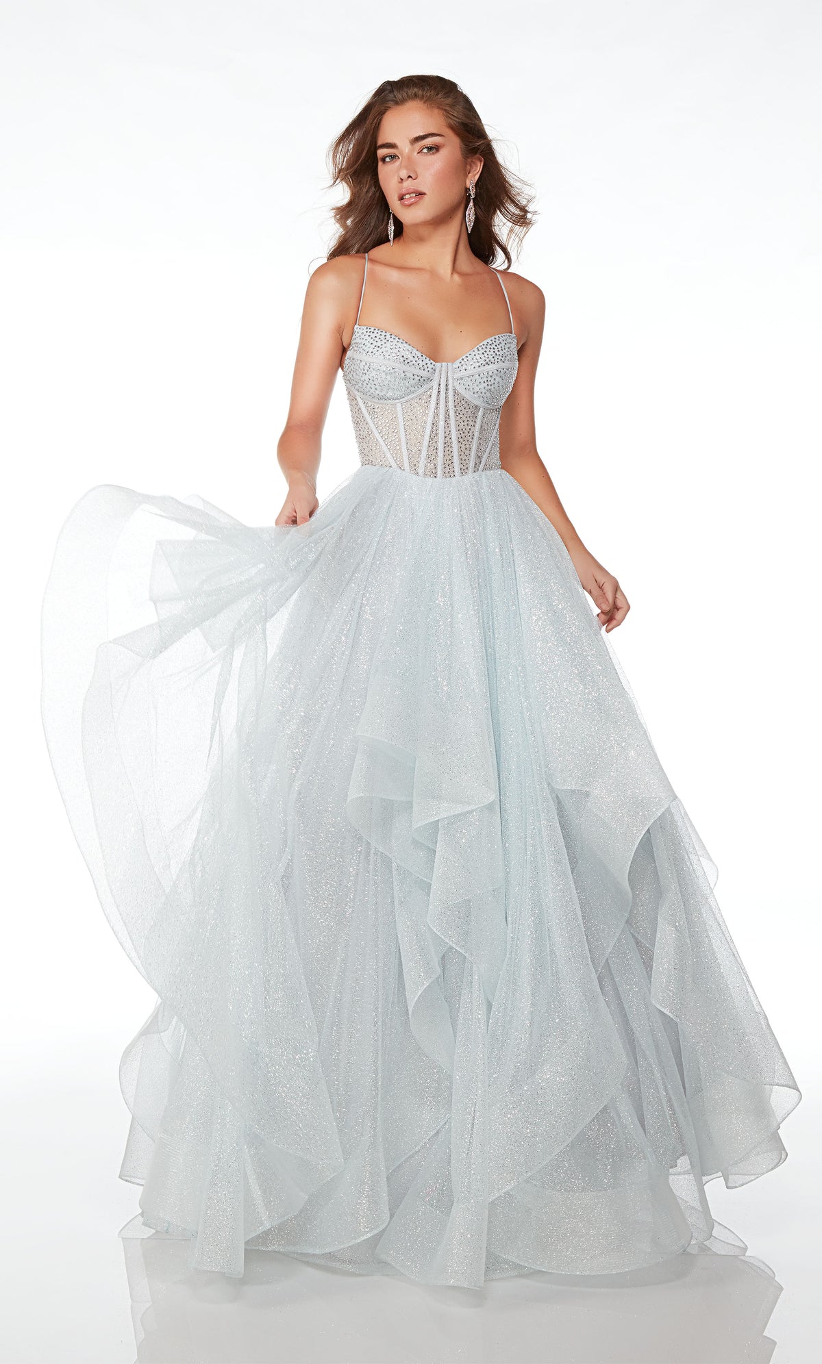 Dreamy silvery-blue glitter tulle ball gown: hotfix embellished corset bodice, ruffled skirt, lace-up back for the perfect custom fit and elegant allure.