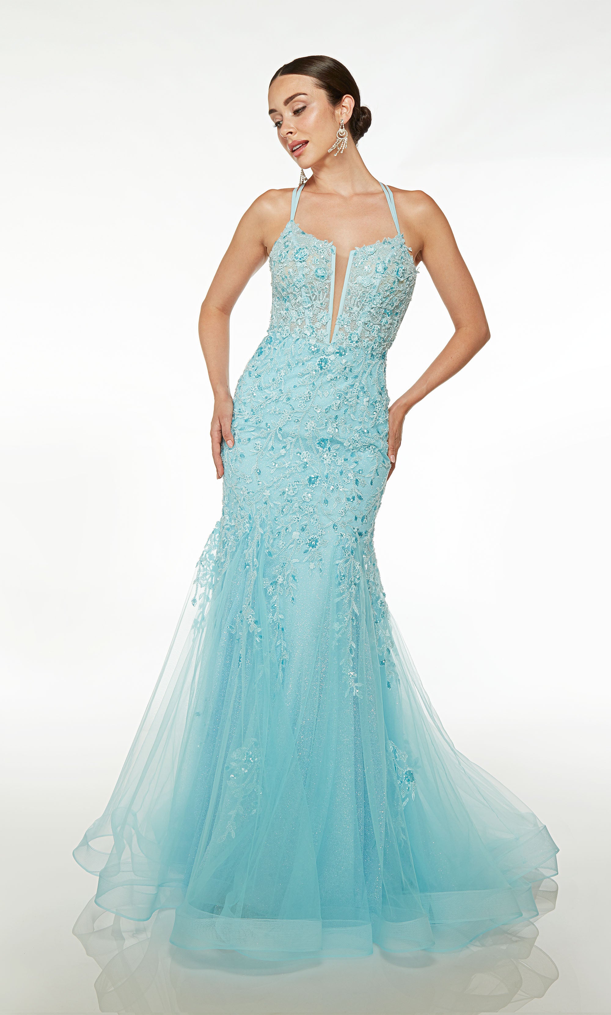 Charming baby blue mermaid gown: intricate beaded floral lace appliques, sheer corset bodice, dual straps, lace-up back, and layered train for an captivating look.