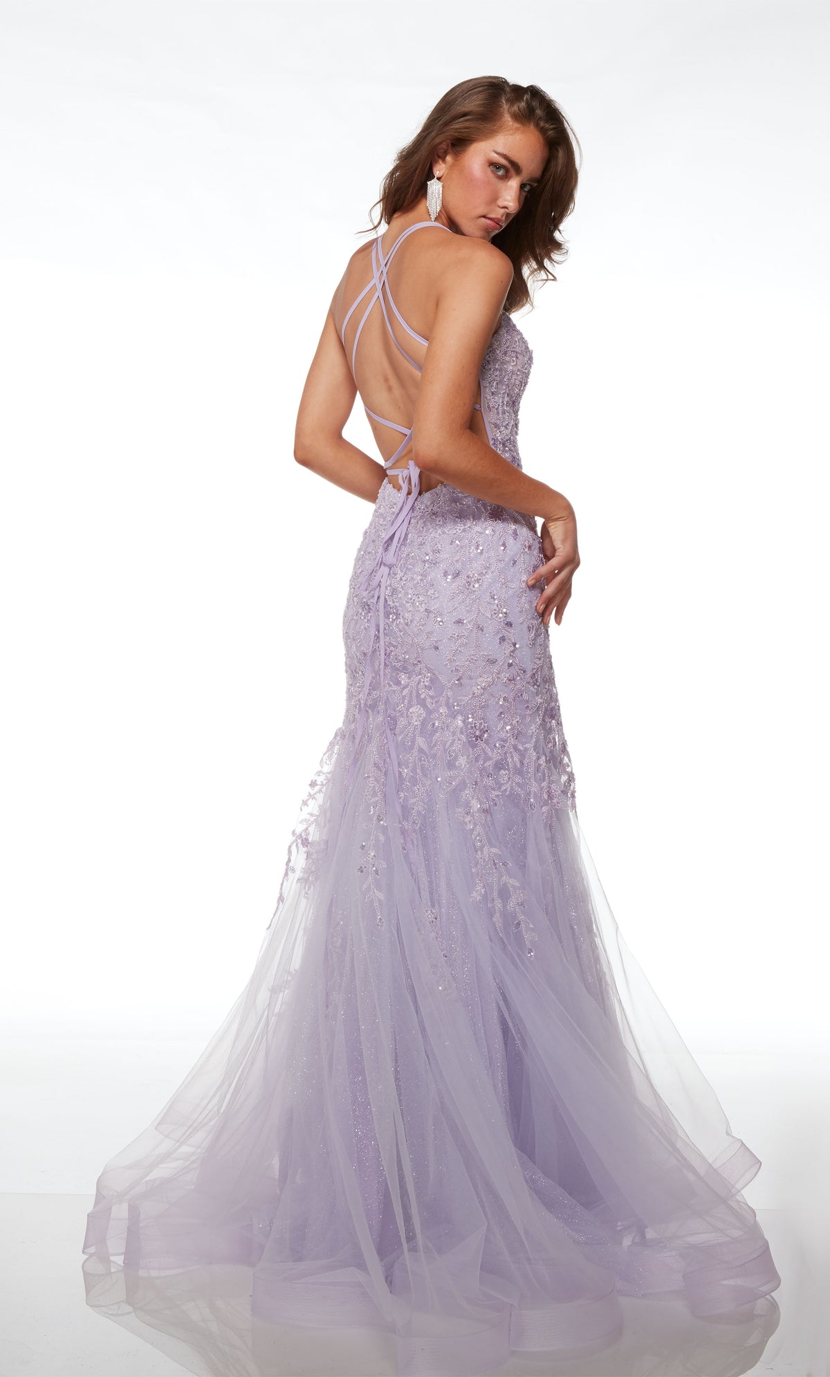 Charming ice lilac mermaid gown: intricate beaded floral lace appliques, sheer corset bodice, dual straps, lace-up back, and layered train for an captivating look.