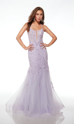 Charming ice lilac mermaid gown: intricate beaded floral lace appliques, sheer corset bodice, dual straps, lace-up back, and layered train for an captivating look.