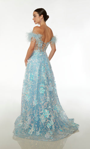 Light blue iridescent sequin floral ball gown: sheer off-the-shoulder corset bodice, detachable feather straps, lace-up back, and train for an stunning look.