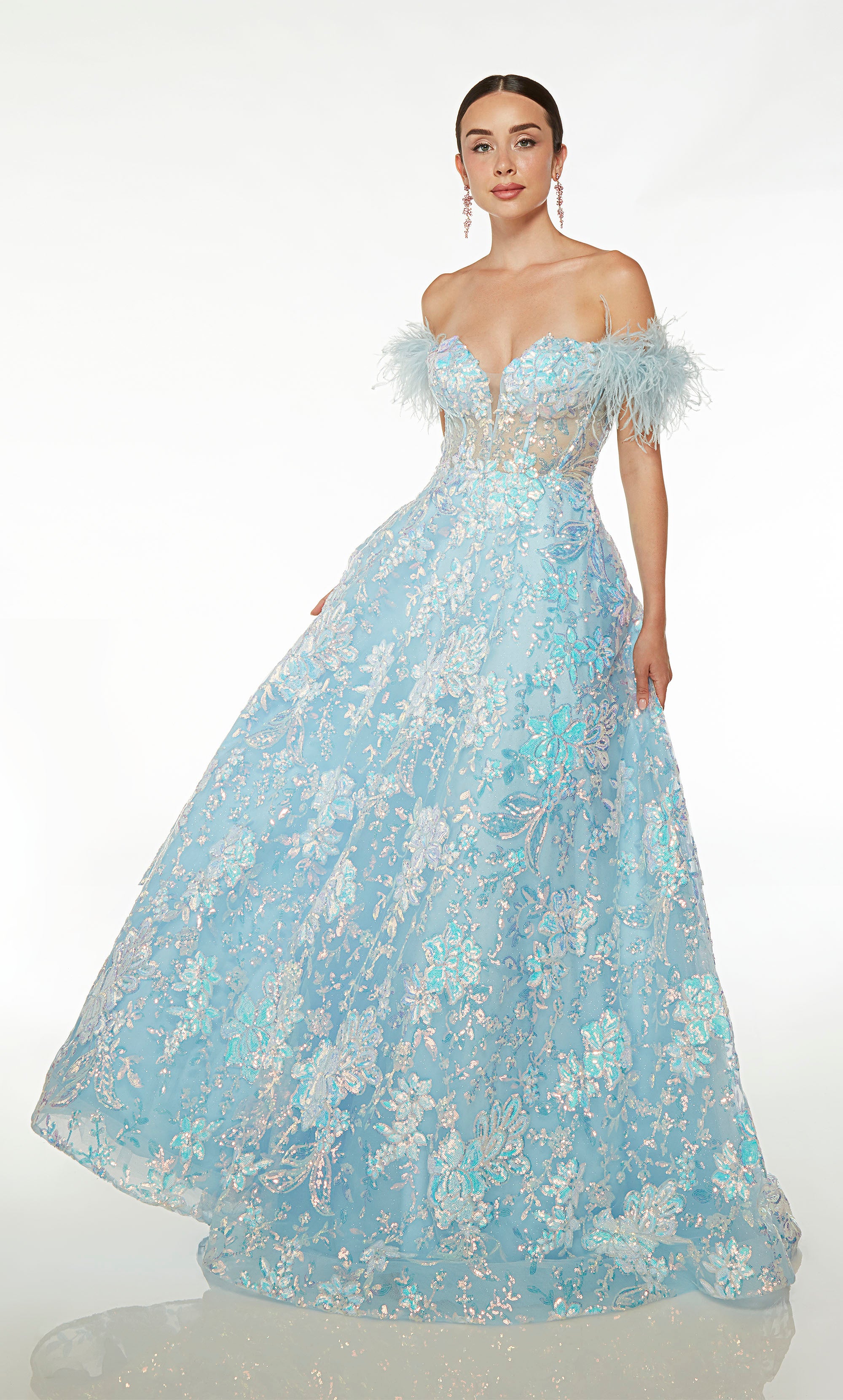 Light blue iridescent sequin floral ball gown: sheer off-the-shoulder corset bodice, detachable feather straps, lace-up back, and train for an stunning look.
