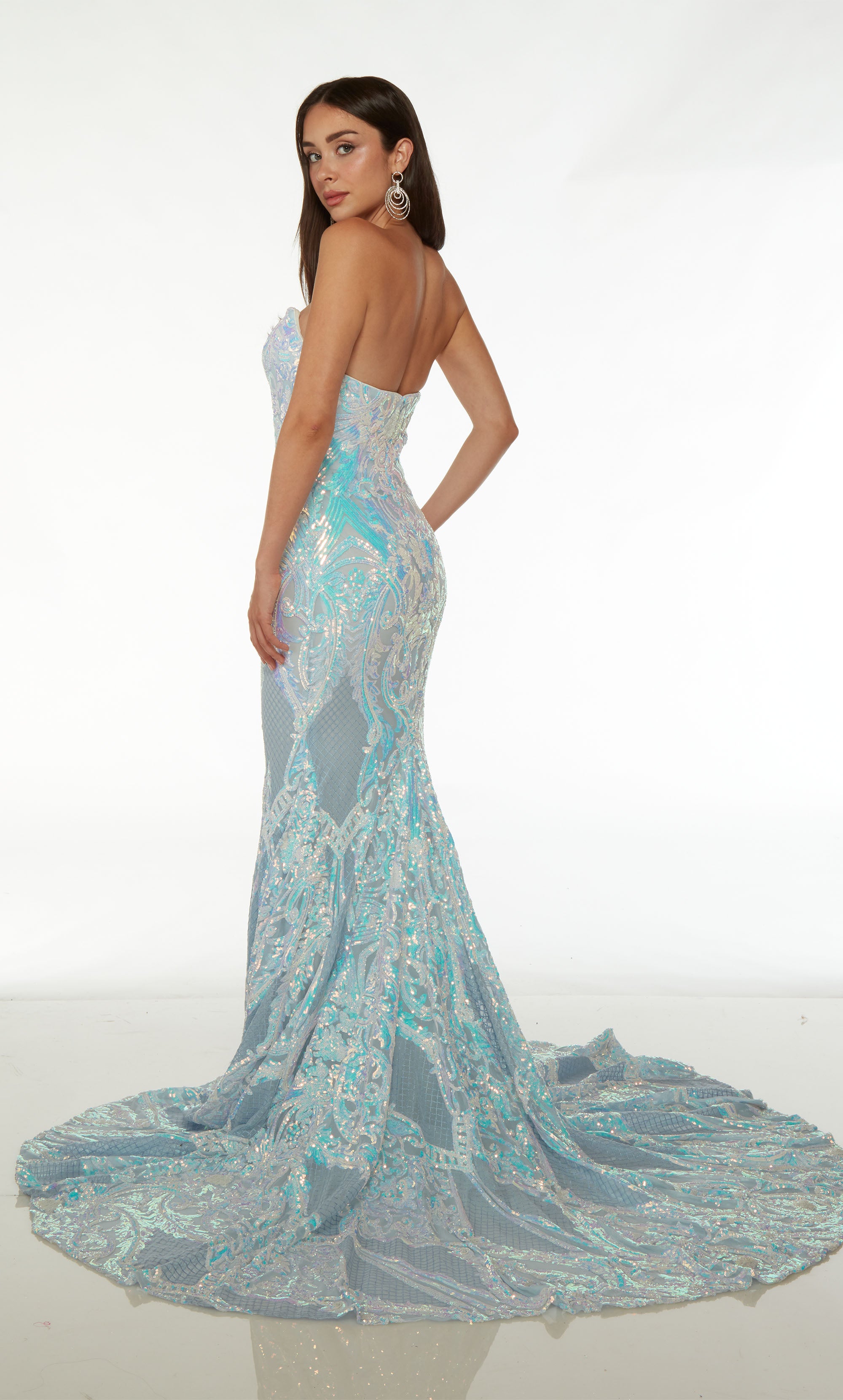 Opulent opal-blue strapless formal dress with an fit-and-flare silhouette, intricate paisley-patterned iridescent sequins, an zip-up back, and an graceful train.