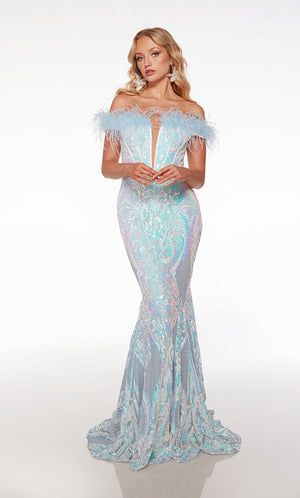 Opulent opal-blue off-shoulder dress, feather trim, fit-and-flare silhouette, paisley sequins, zip back, graceful train.