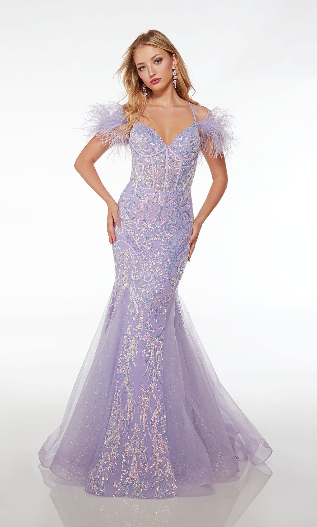 Purple prom dress with dual straps, feather trim, corset bodice, mermaid silhouette, iridescent sequin detailing, and crisscross lace-up back.