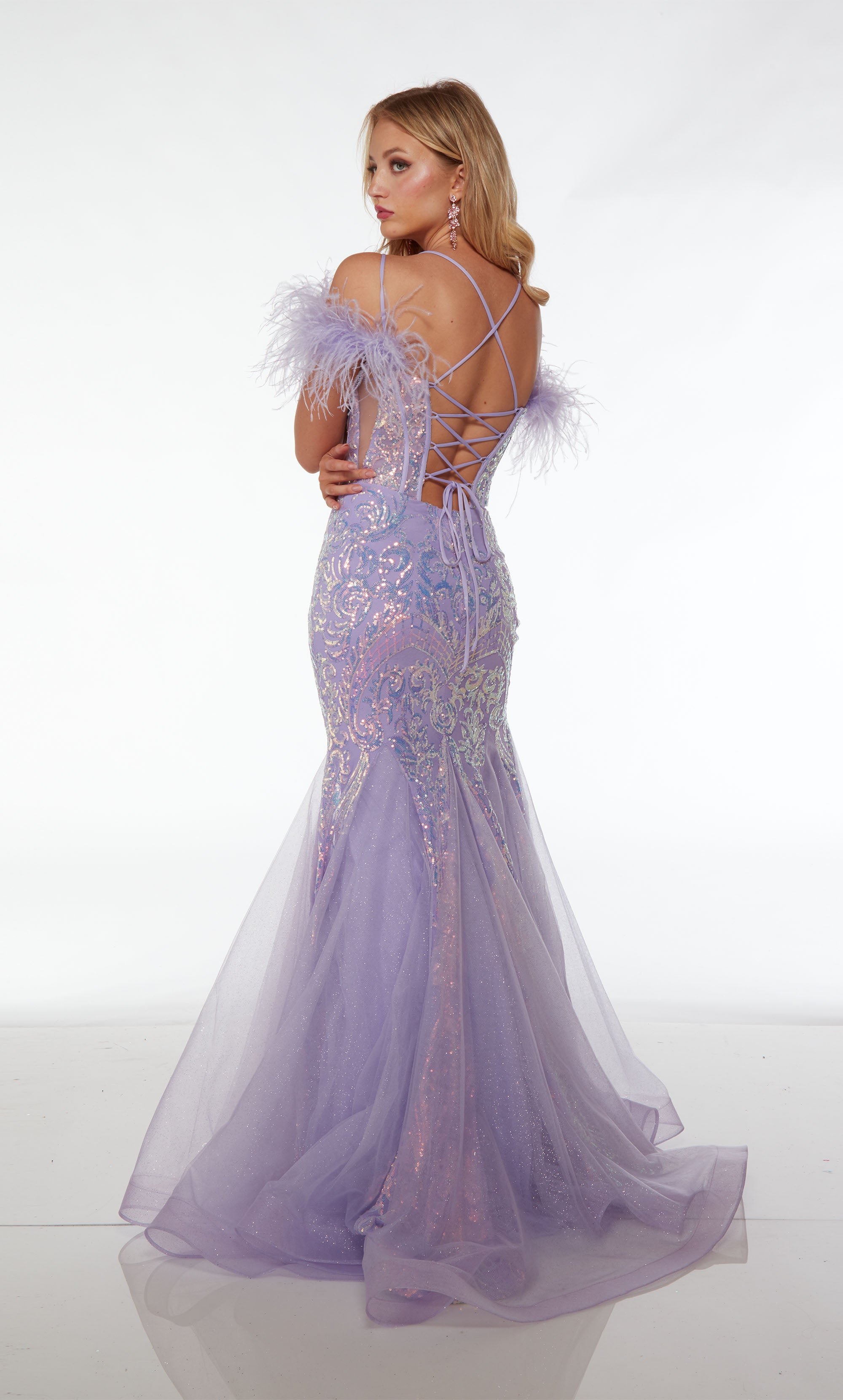 Purple prom dress with dual straps, feather trim, corset bodice, mermaid silhouette, iridescent sequin detailing, and crisscross lace-up back.