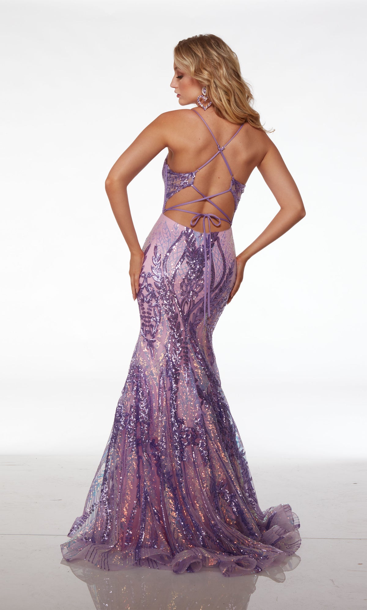 Elegant lilac-pink iridescent sequin formal dress: plunging neckline, corset top, fit-and-flare silhouette, crisscross lace-up back, and trailing train.