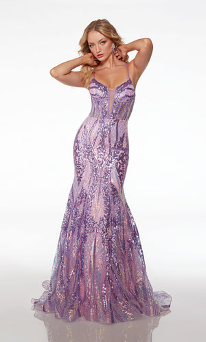 Elegant lilac-pink iridescent sequin formal dress: plunging neckline, corset top, fit-and-flare silhouette, crisscross lace-up back, and trailing train.