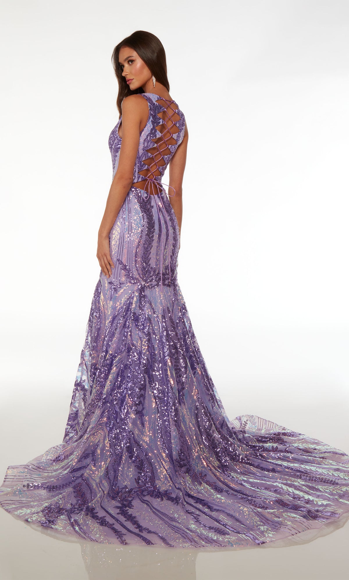 Purple mermaid dress with an plunging neckline, crisscross lace-up back, train, and paisley-patterned iridescent sequin design for an glamorous look.