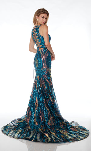 Teal-copper colored mermaid dress with an plunging neckline, crisscross lace-up back, train, and paisley-patterned sequin design for an glamorous look.