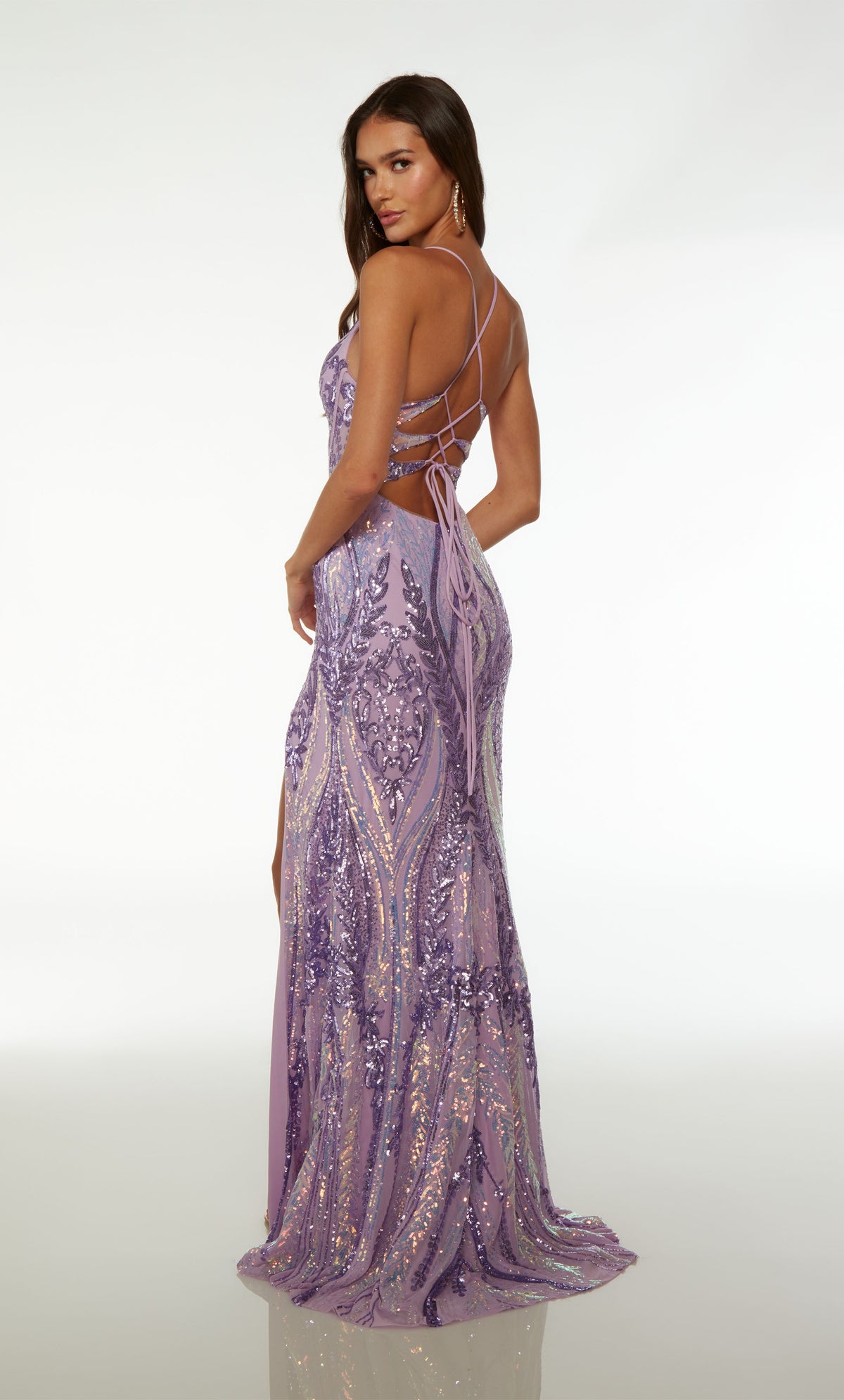 Lilac purple dress with plunging neckline, side slit, crisscross lace-up back, train, and paisley-patterned iridescent sequin design for allure.