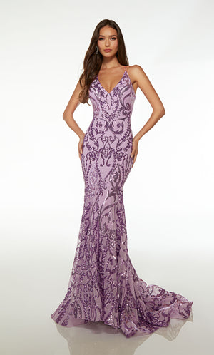 Purple mermaid dress featuring an plunging V neckline, crisscross lace-up back, long train, and paisley-patterned sequin design for an captivating look.
