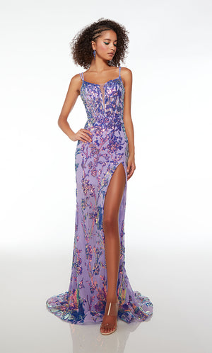 Purple prom dress with dual straps, sheer corset bodice, floral iridescent sequin detailing, side slit, lace-up back, and an graceful train.
