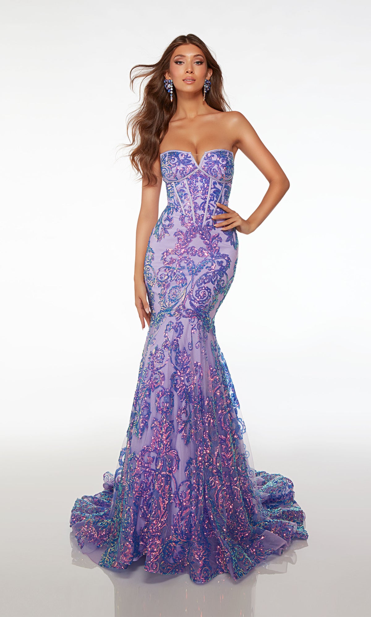 Strapless purple corset dress with paisley-patterned iridescent sequin design, mermaid silhouette, zip-up back, and an graceful train.