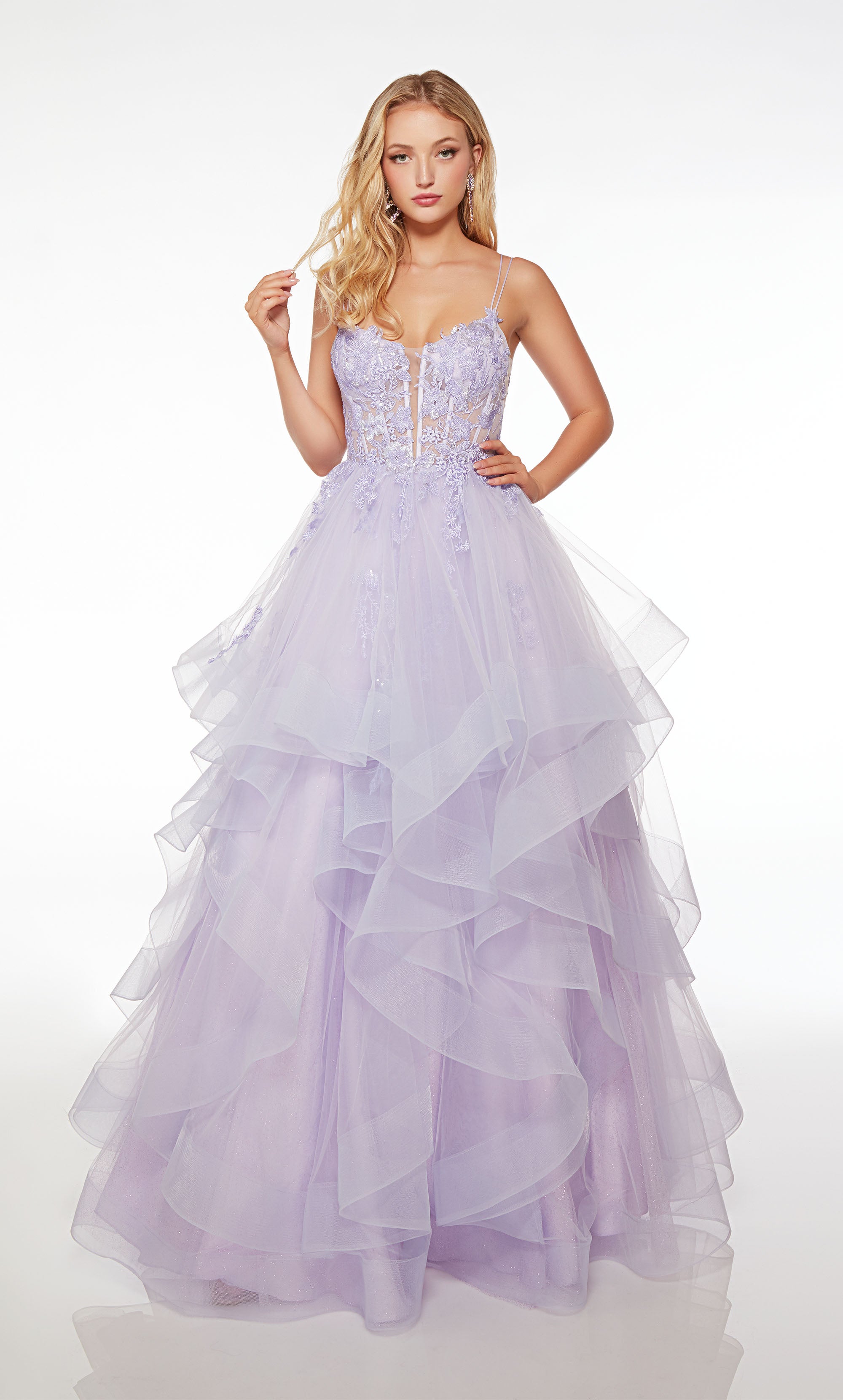 Charming light purple corset ball gown with sheer floral lace top, dual spaghetti straps, crisscross lace-up back, ruffled skirt, and delicate floral lace appliques.
