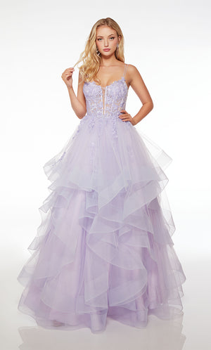 Charming light purple corset ball gown with sheer floral lace top, dual spaghetti straps, crisscross lace-up back, ruffled skirt, and delicate floral lace appliques.