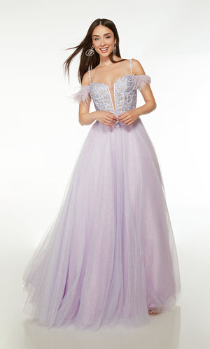 Ultra-charming light purple ball gown with glitter tulle, floral lace-adorned bodice, feather sleeves, and an convenient zip-up back.