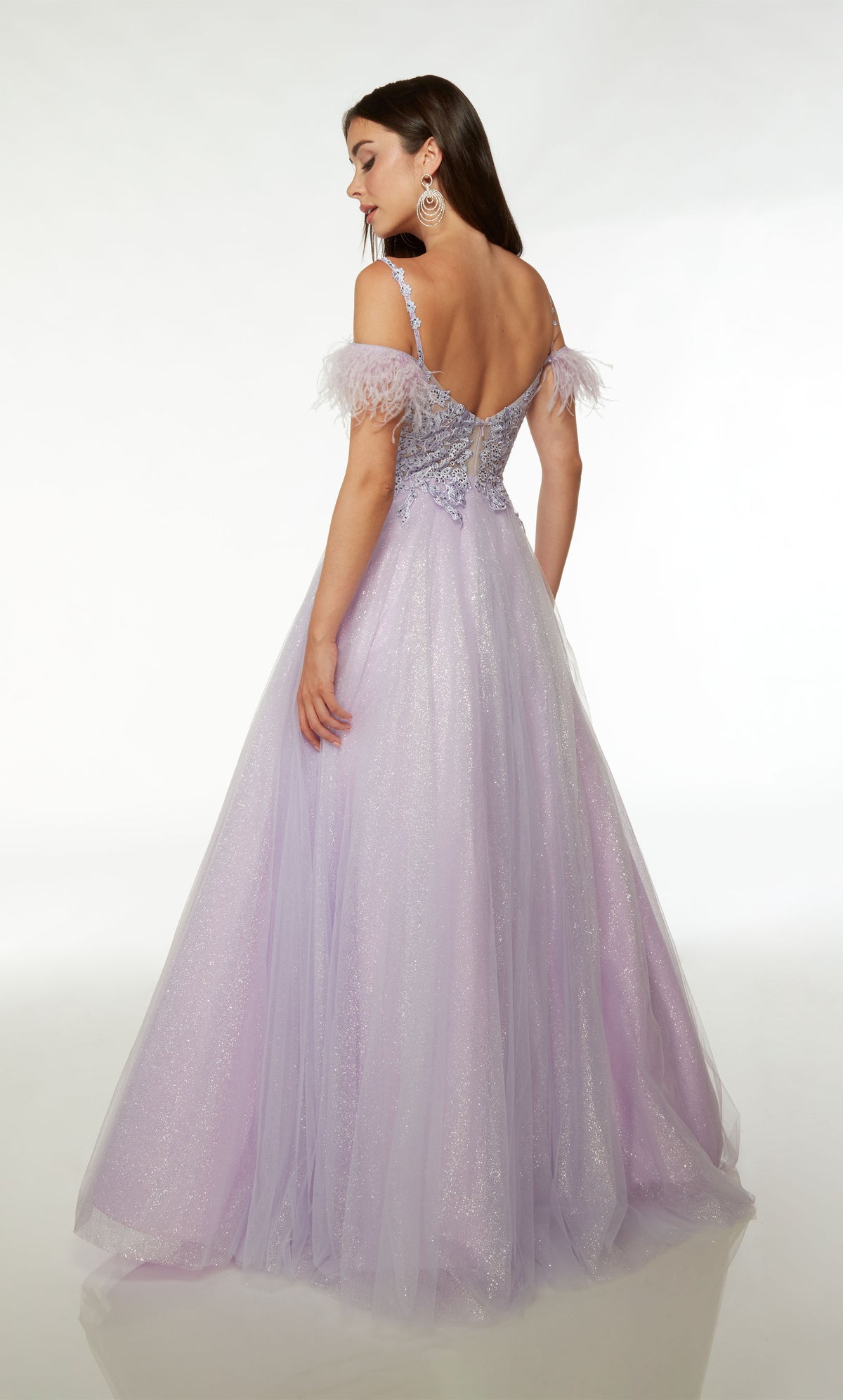 Ultra-charming light purple ball gown with glitter tulle, floral lace-adorned bodice, feather sleeves, and an convenient zip-up back.
