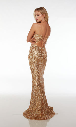 Fit-and-flare gold prom dress with V neckline, dual spaghetti straps, lace-up back, and an train, featuring an gorgeous paisley-patterned design.