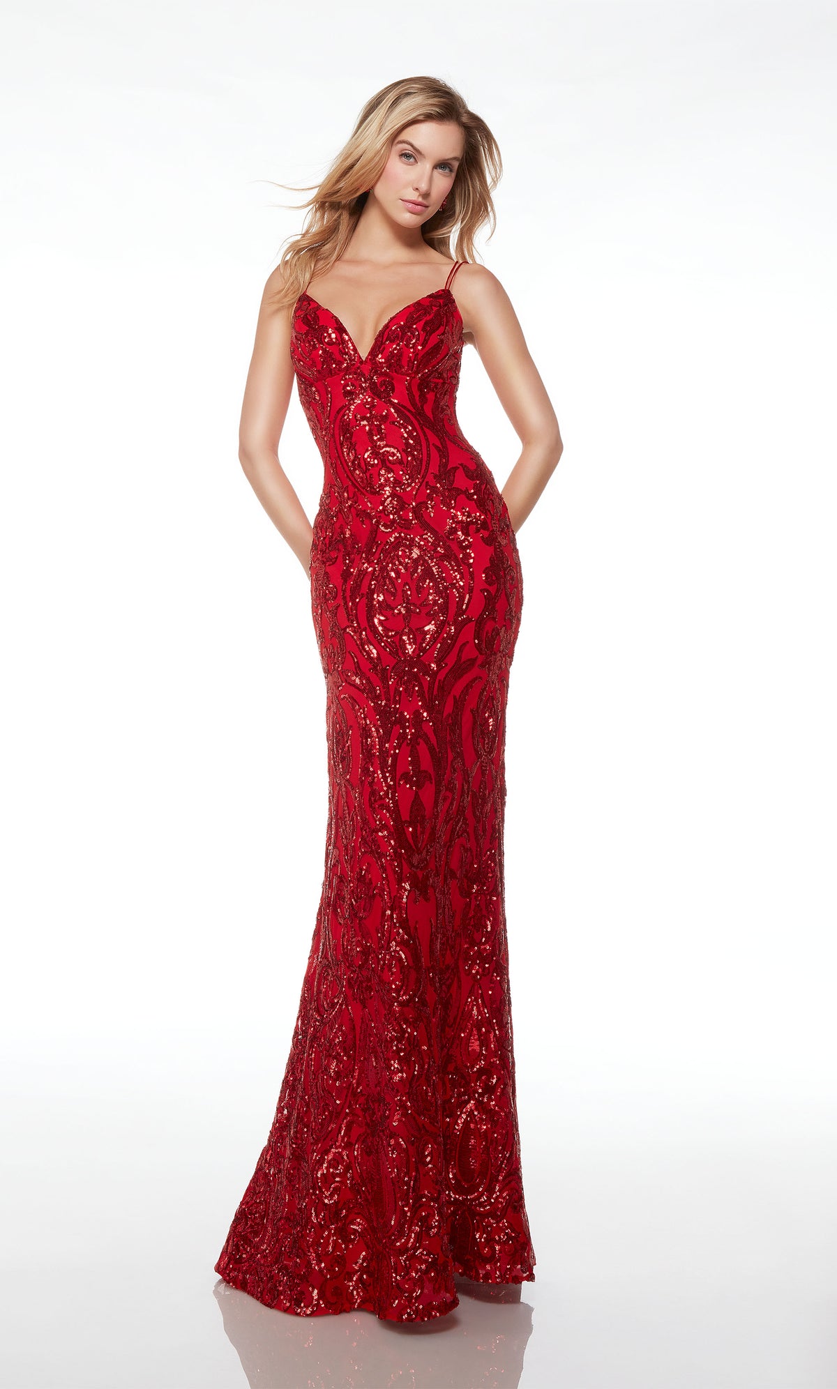 Fit-and-flare red prom dress with V neckline, dual spaghetti straps, lace-up back, and an train, featuring an gorgeous paisley-patterned design.