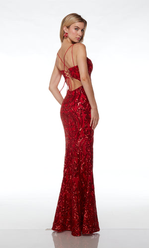 Fit-and-flare red dress with V neckline, dual spaghetti straps, lace-up back, and an train, featuring an gorgeous paisley-patterned design.